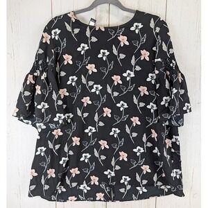 Alfani Size 16 Black Floral Womens Ruffle Short Sleeve Casual‎ Blouse